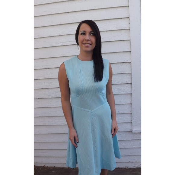 60s Mod Dress Sleeveless Blue Striped Vintage Casual Summer S M - Picture 9 of 9